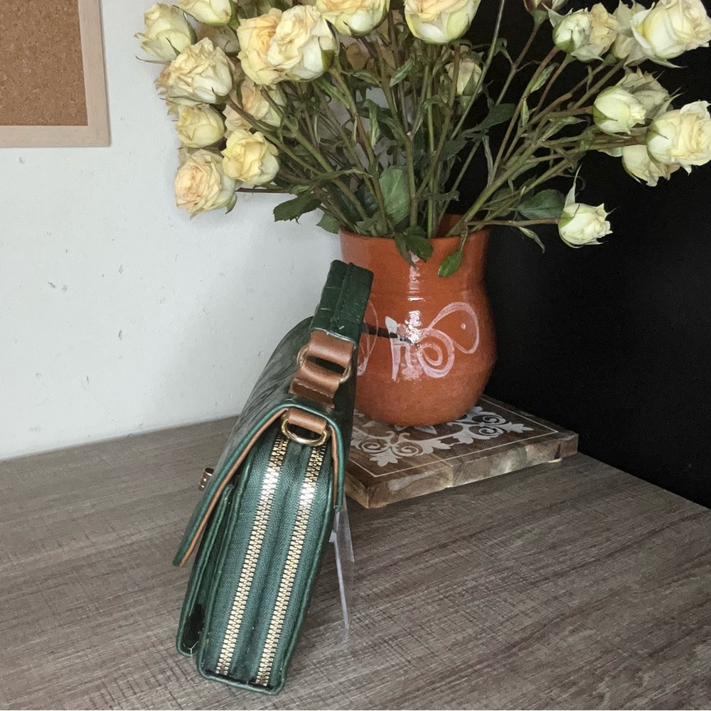 Green Embossed Floral Leather Satchel - Top Handle Crossbody - Picture 3 of 4